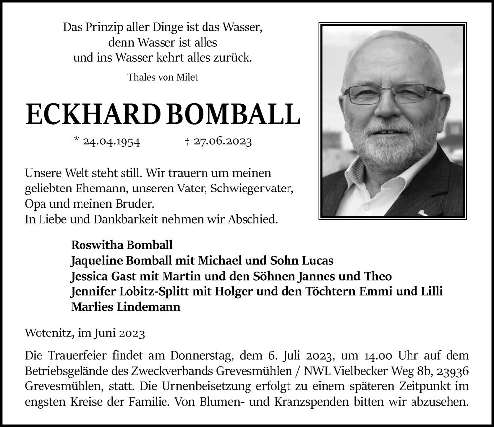 Traueranzeige für Eckhard Bomball vom 01.07.2023 aus Ostsee-Zeitung GmbH