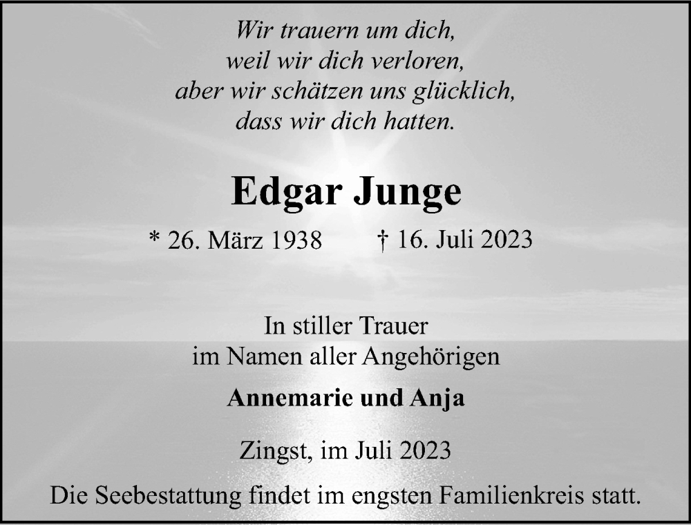  Traueranzeige für Edgar Junge vom 22.07.2023 aus Ostsee-Zeitung GmbH