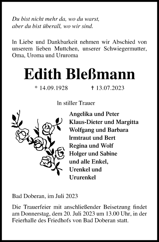 Traueranzeige von Edith Bleßmann von Ostsee-Zeitung GmbH
