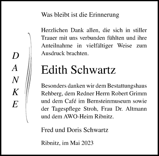 Traueranzeige von Edith Schwartz von Ostsee-Zeitung GmbH