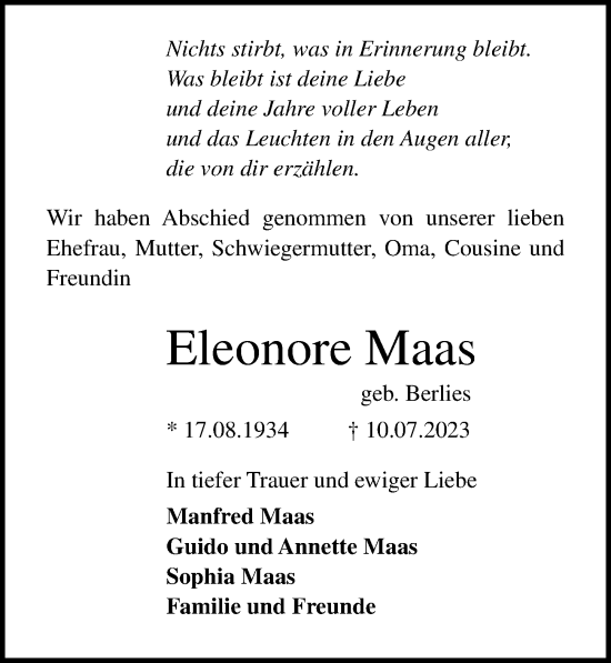 Traueranzeige von Eleonore Maas von Lübecker Nachrichten