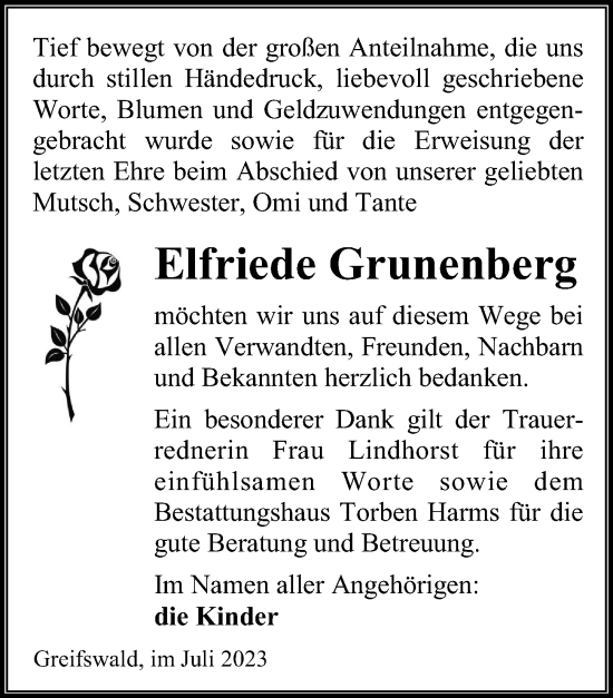 Traueranzeige von Elfriede Grunenberg von Ostsee-Zeitung GmbH