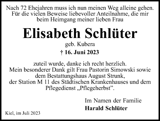 Traueranzeige von Elisabeth Schlüter von Kieler Nachrichten