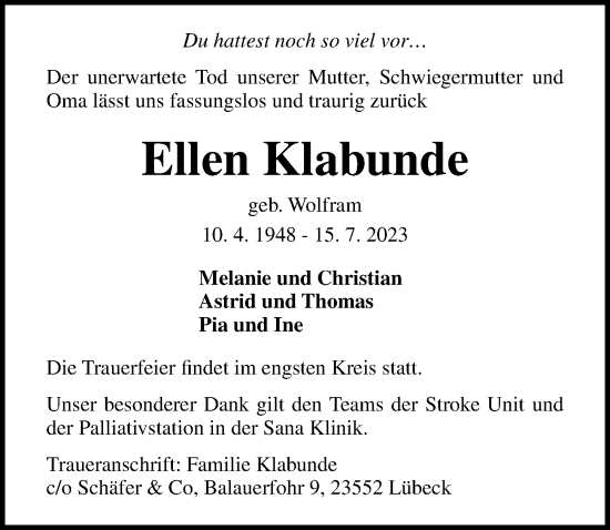 Traueranzeige von Ellen Klabunde von Lübecker Nachrichten