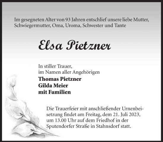 Traueranzeige von Elsa Pietzner von Märkischen Allgemeine Zeitung