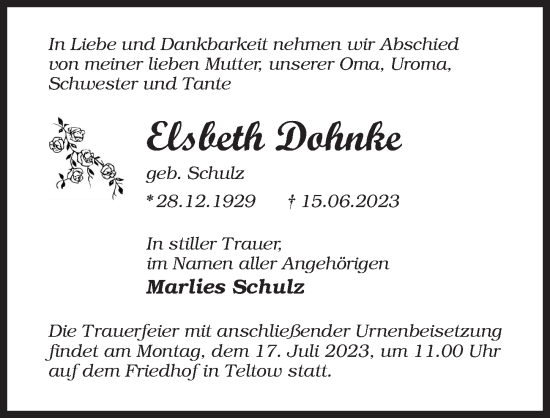 Traueranzeige von Elsbeth Dohnke von Märkischen Allgemeine Zeitung