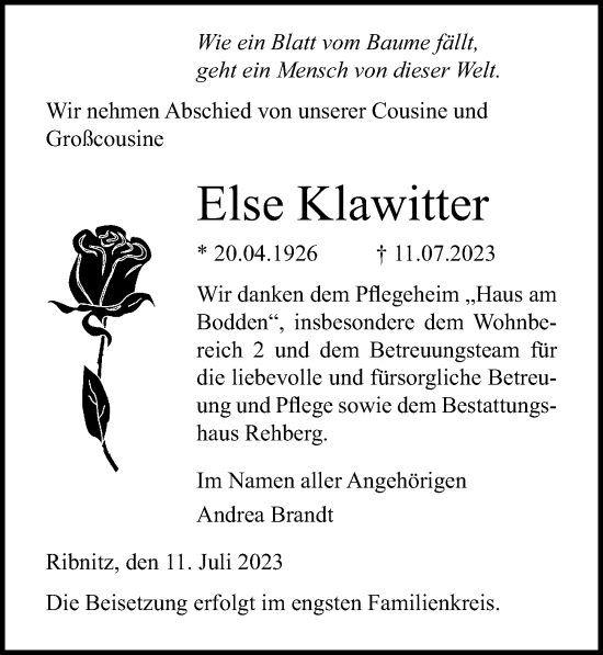 Traueranzeige von Else Klawitter von Ostsee-Zeitung GmbH