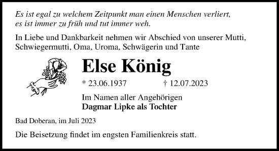 Traueranzeige von Else König von Ostsee-Zeitung GmbH