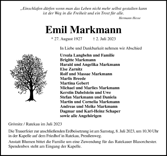 Traueranzeige von Emil Markmann von Lübecker Nachrichten