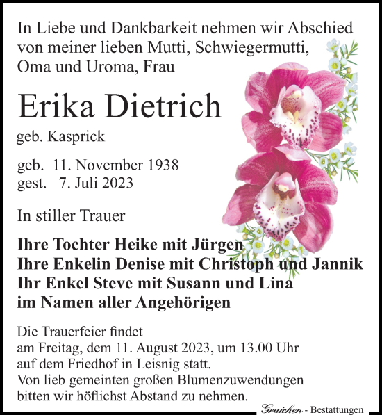 Traueranzeige von Erika Dietrich von Leipziger Volkszeitung