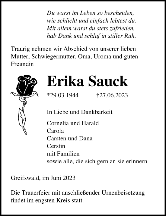 Traueranzeige von Erika Sauck von Ostsee-Zeitung GmbH