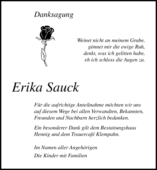 Traueranzeige von Erika Sauck von Ostsee-Zeitung GmbH