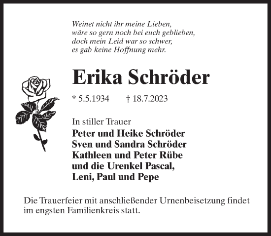 Traueranzeige von Erika Schröder von Märkischen Allgemeine Zeitung