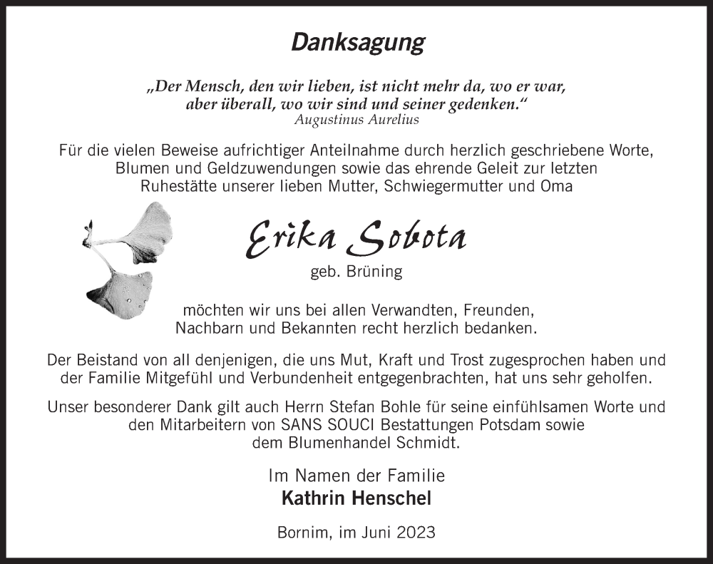  Traueranzeige für Erika Sobota vom 01.07.2023 aus Märkischen Allgemeine Zeitung