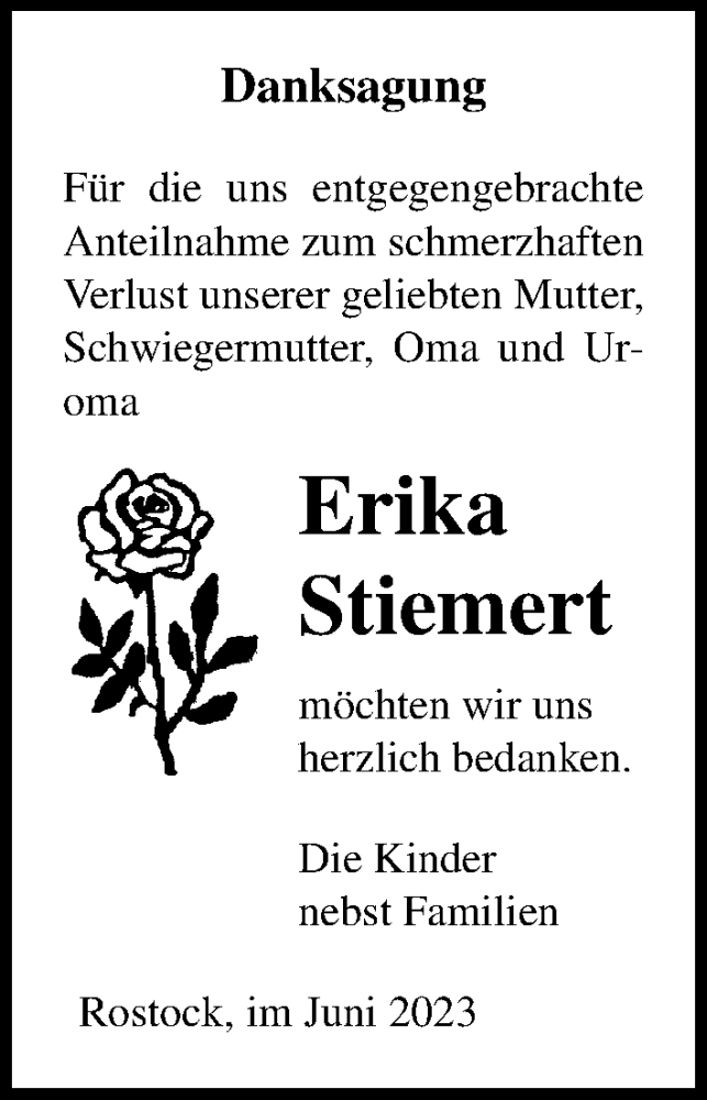  Traueranzeige für Erika Stiemert vom 01.07.2023 aus Ostsee-Zeitung GmbH