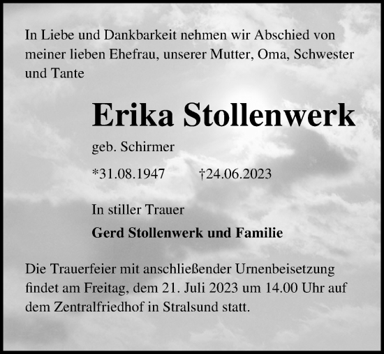 Traueranzeige von Erika Stollenwerk