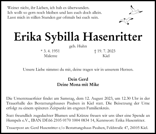 Traueranzeige von Erika Sybilla Hasenritter von Kieler Nachrichten