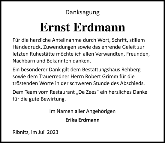 Traueranzeige von Ernst Erdmann von Ostsee-Zeitung GmbH