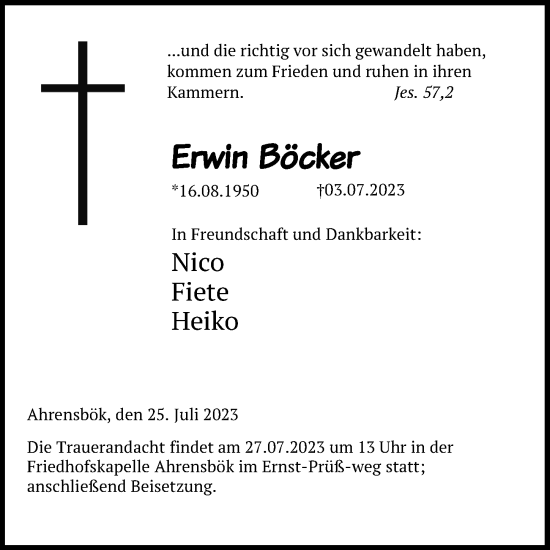 Traueranzeige von Erwin Böcker von Lübecker Nachrichten