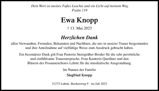 Traueranzeige von Ewa Knopp von Hannoversche Allgemeine Zeitung/Neue Presse