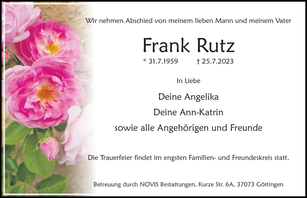  Traueranzeige für Frank Rutz vom 29.07.2023 aus Göttinger Tageblatt
