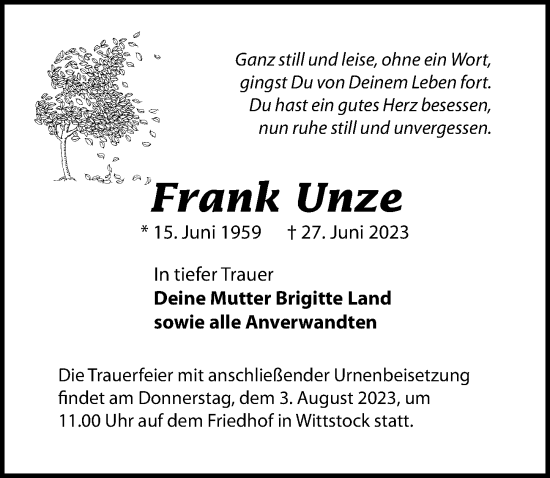 Traueranzeige von Frank Unze