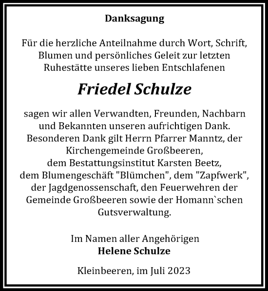 Traueranzeige von Friedel Schulze von Märkischen Allgemeine Zeitung