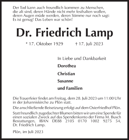 Traueranzeige von Friedrich Lamp von Kieler Nachrichten