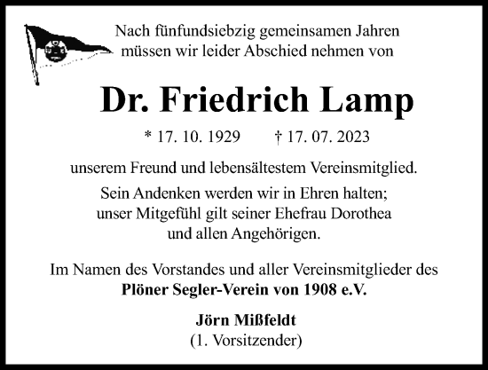 Traueranzeige von Friedrich Lamp von Kieler Nachrichten