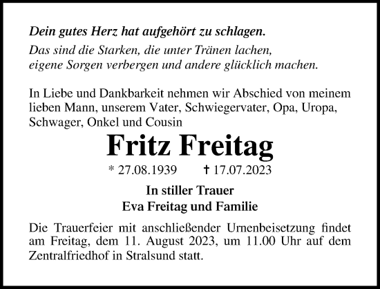 Traueranzeige von Fritz Freitag