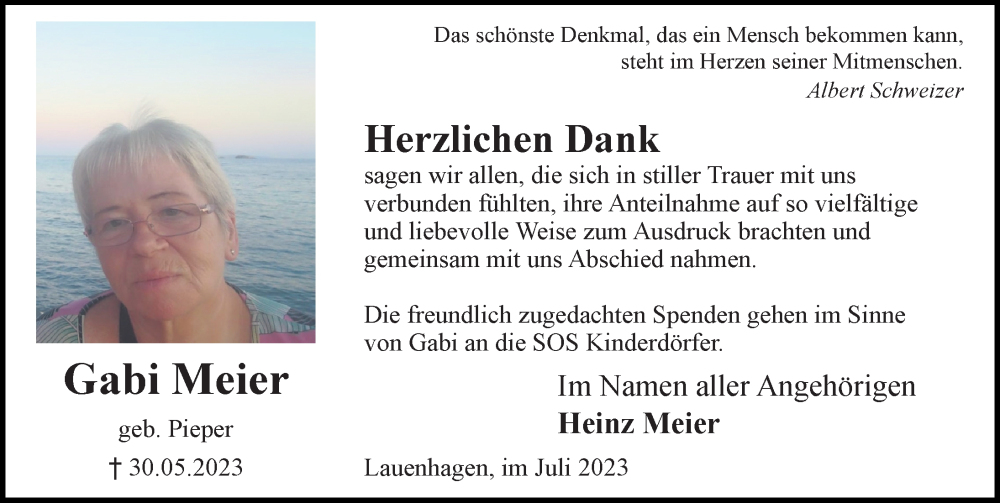  Traueranzeige für Gabi Meier vom 01.07.2023 aus Schaumburger Nachrichten