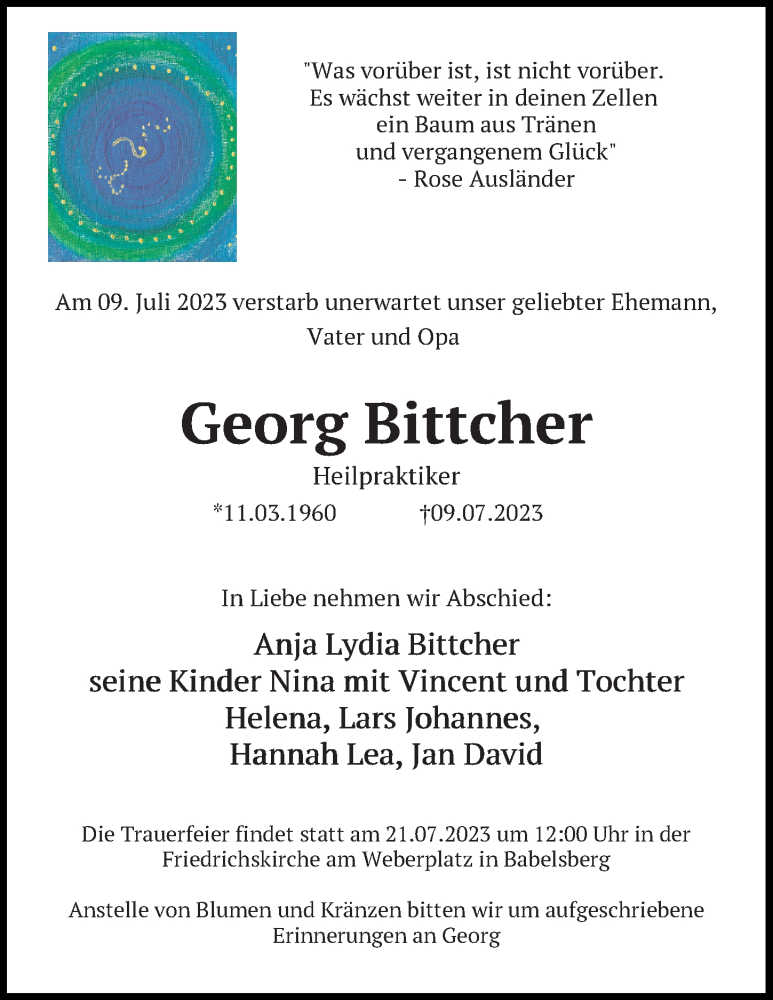  Traueranzeige für Georg Bittcher vom 15.07.2023 aus Märkischen Allgemeine Zeitung