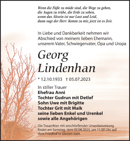 Traueranzeige von Georg Lindenhan von Leipziger Volkszeitung