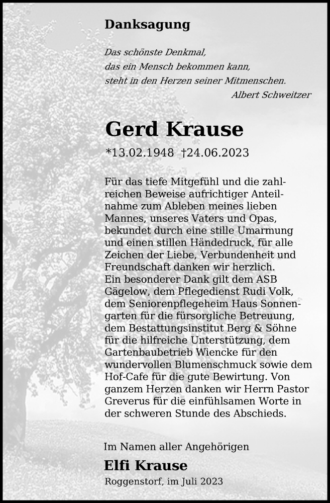  Traueranzeige für Gerd Krause vom 22.07.2023 aus Ostsee-Zeitung GmbH