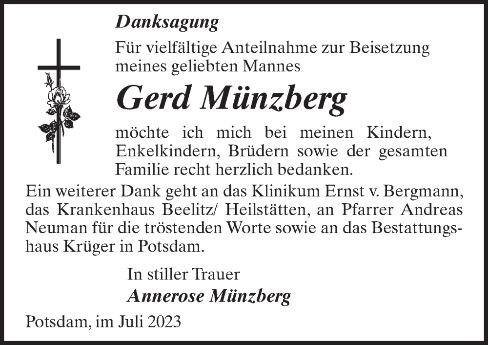  Traueranzeige für Gerd Münzberg vom 08.07.2023 aus Märkischen Allgemeine Zeitung
