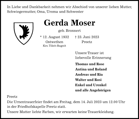 Traueranzeige von Gerda Moser von Kieler Nachrichten