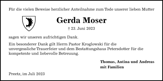 Traueranzeige von Gerda Moser von Kieler Nachrichten