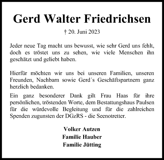 Traueranzeige von Gerd Walter Friedrichsen von Kieler Nachrichten