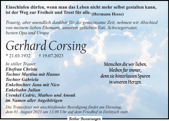 Traueranzeige von Gerhard Corsing von Leipziger Volkszeitung