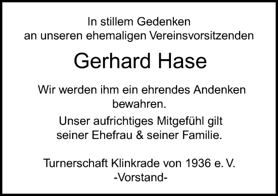 Traueranzeige von Gerhard Hase von Lübecker Nachrichten