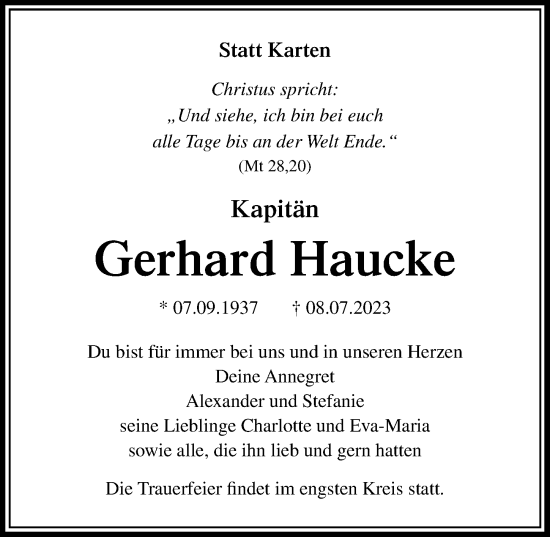 Traueranzeige von Gerhard Haucke von Lübecker Nachrichten