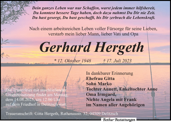 Traueranzeige von Gerhard Hergeth von Leipziger Volkszeitung