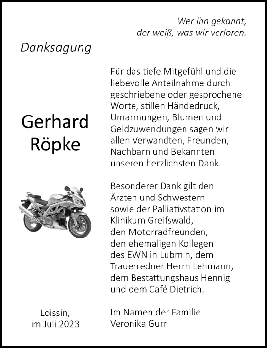 Traueranzeige von Gerhard Röpke von Ostsee-Zeitung GmbH