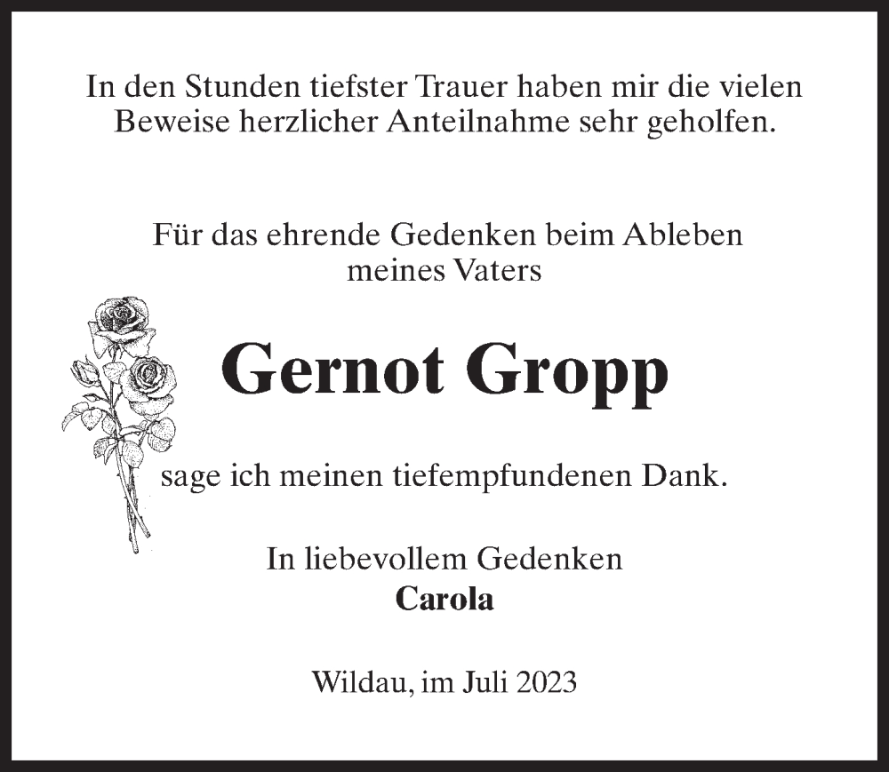  Traueranzeige für Gernot Gropp vom 29.07.2023 aus Märkischen Allgemeine Zeitung