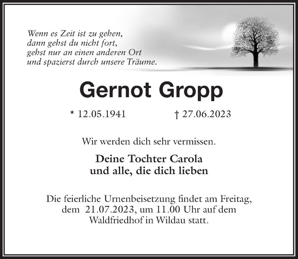  Traueranzeige für Gernot Gropp vom 01.07.2023 aus Märkischen Allgemeine Zeitung