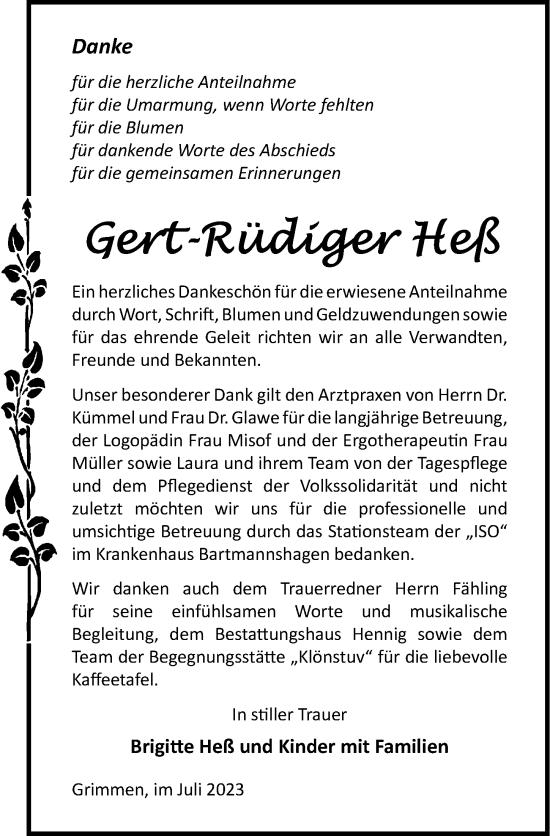 Traueranzeige von Gert-Rüdiger Heß von Ostsee-Zeitung GmbH