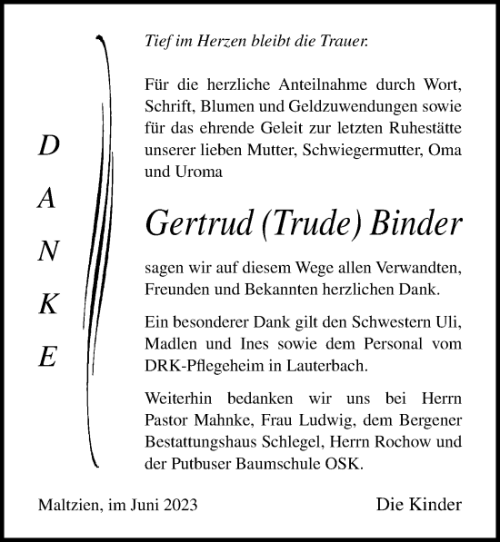 Traueranzeige von Gertrud Binder von Ostsee-Zeitung GmbH