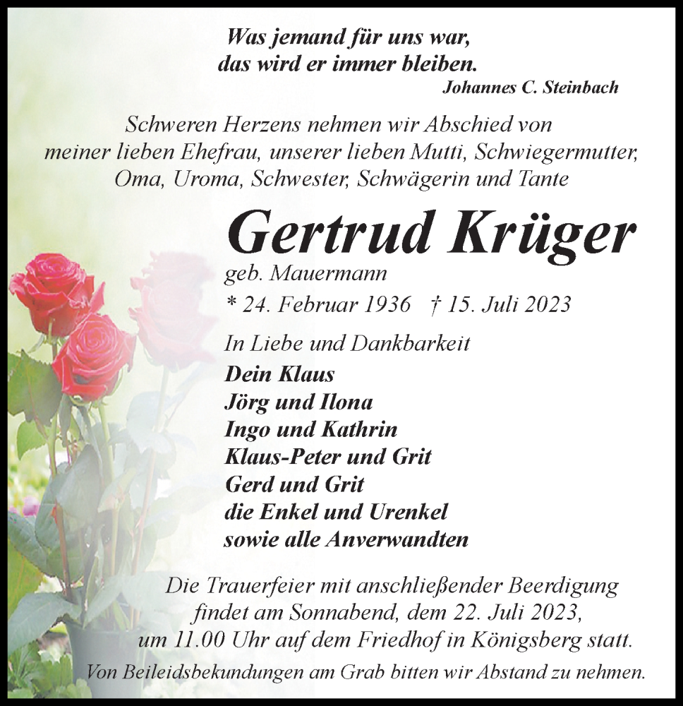  Traueranzeige für Gertrud Krüger vom 18.07.2023 aus Märkischen Allgemeine Zeitung