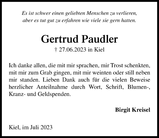 Traueranzeige von Gertrud Paudler von Kieler Nachrichten