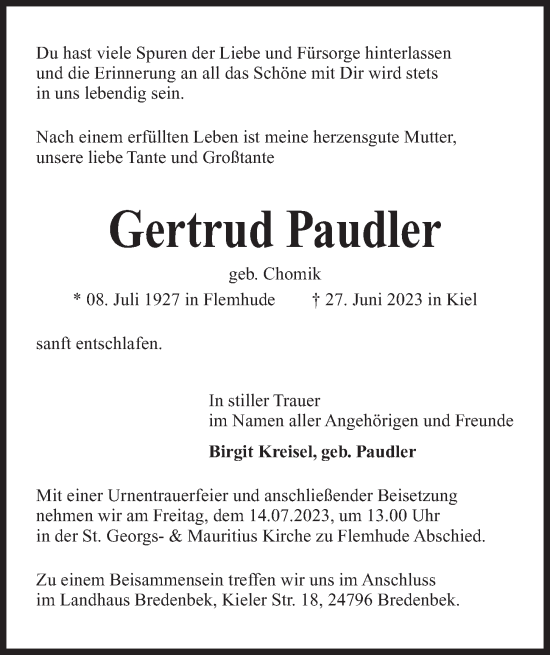 Traueranzeige von Gertrud Paudler von Kieler Nachrichten